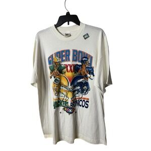 Vintage Super Bowl‎ Packers Broncos Men's XL T Shirt White XXXII 1998